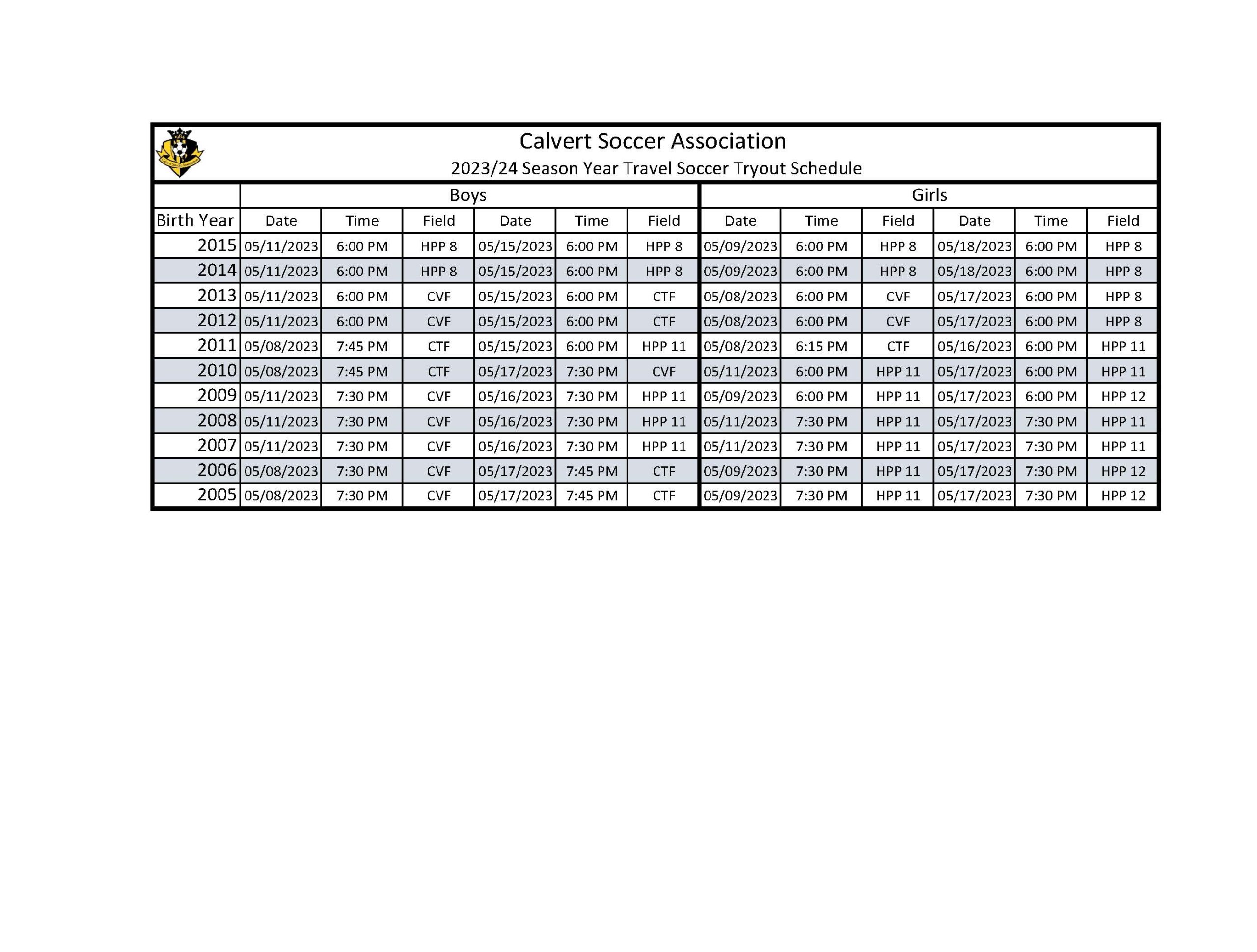 CSA 23-24 Travel Tryout Schedule